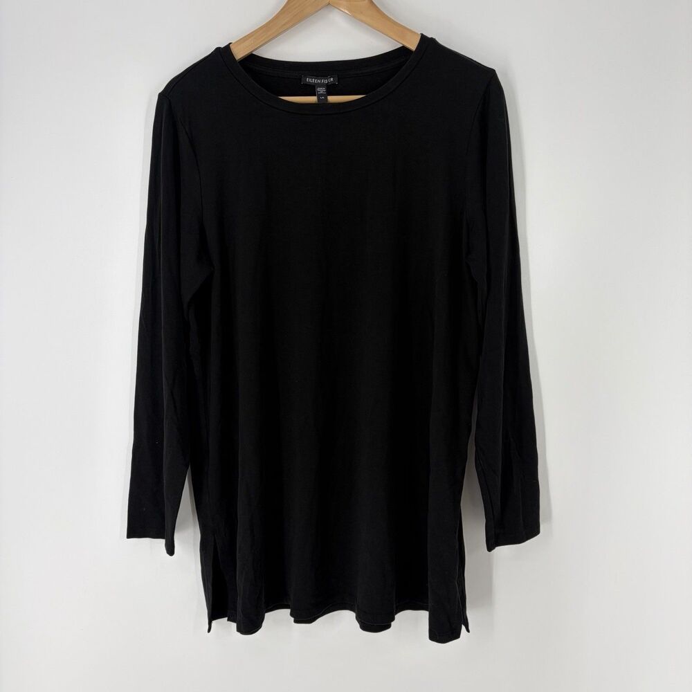 Eileen Fisher Shirt Large Womens Black Tencel Stretch Long Sleeve Knit Tunic Top
